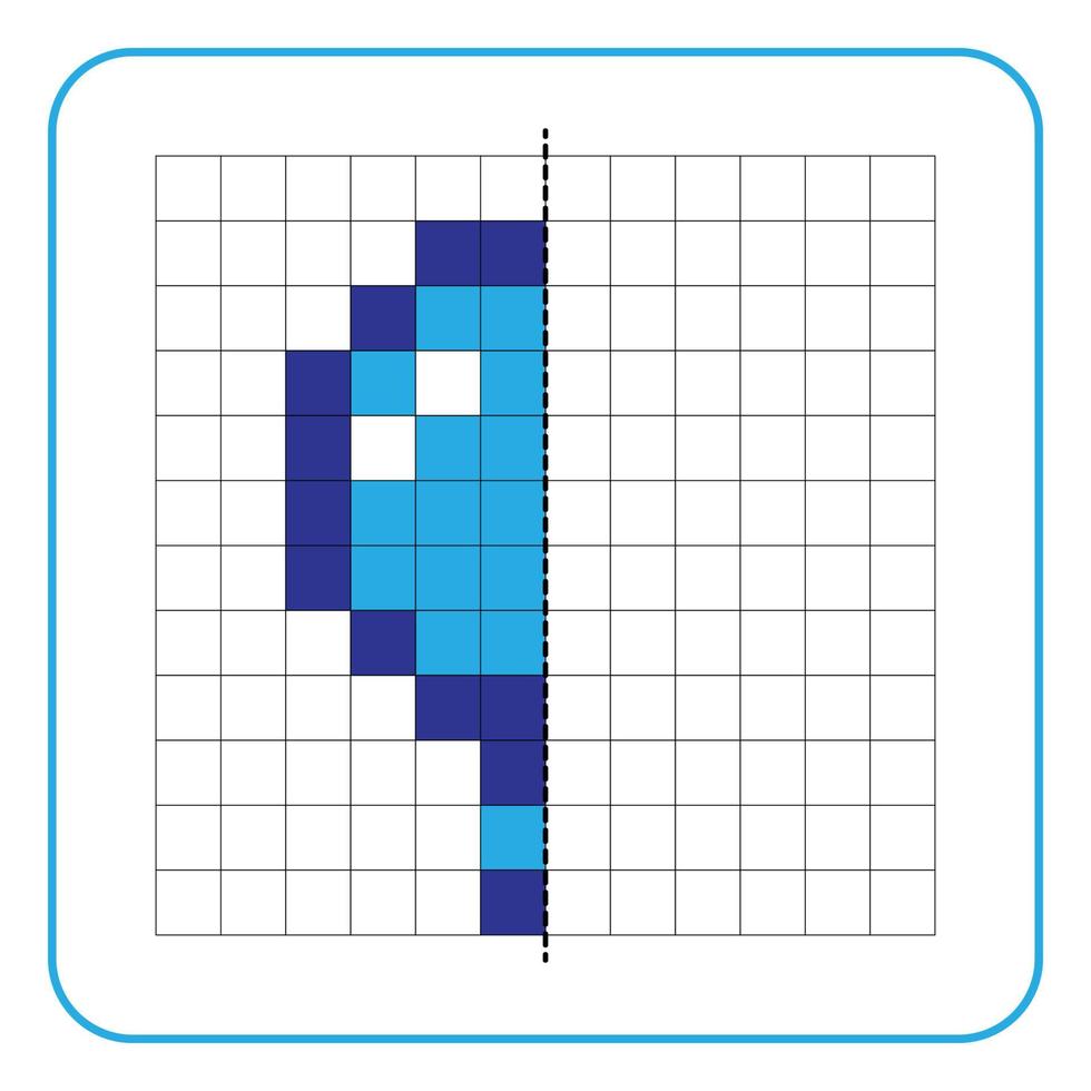 Picture reflection educational game for kids. Learn to complete symmetry worksheets for preschool activities. Coloring grid pages, visual perception and pixel art. Finished magnifying glass symbol. vector
