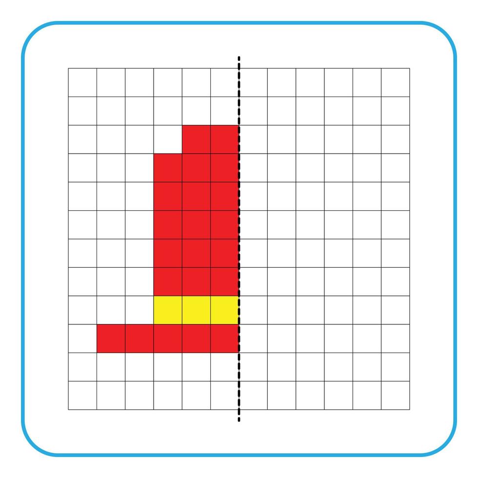 Juego educativo de reflexión de imagen para niños. aprender a completar hojas de trabajo de simetría para actividades preescolares. colorear páginas de cuadrícula, percepción visual y pixel art. Completa la imagen del sombrero. vector