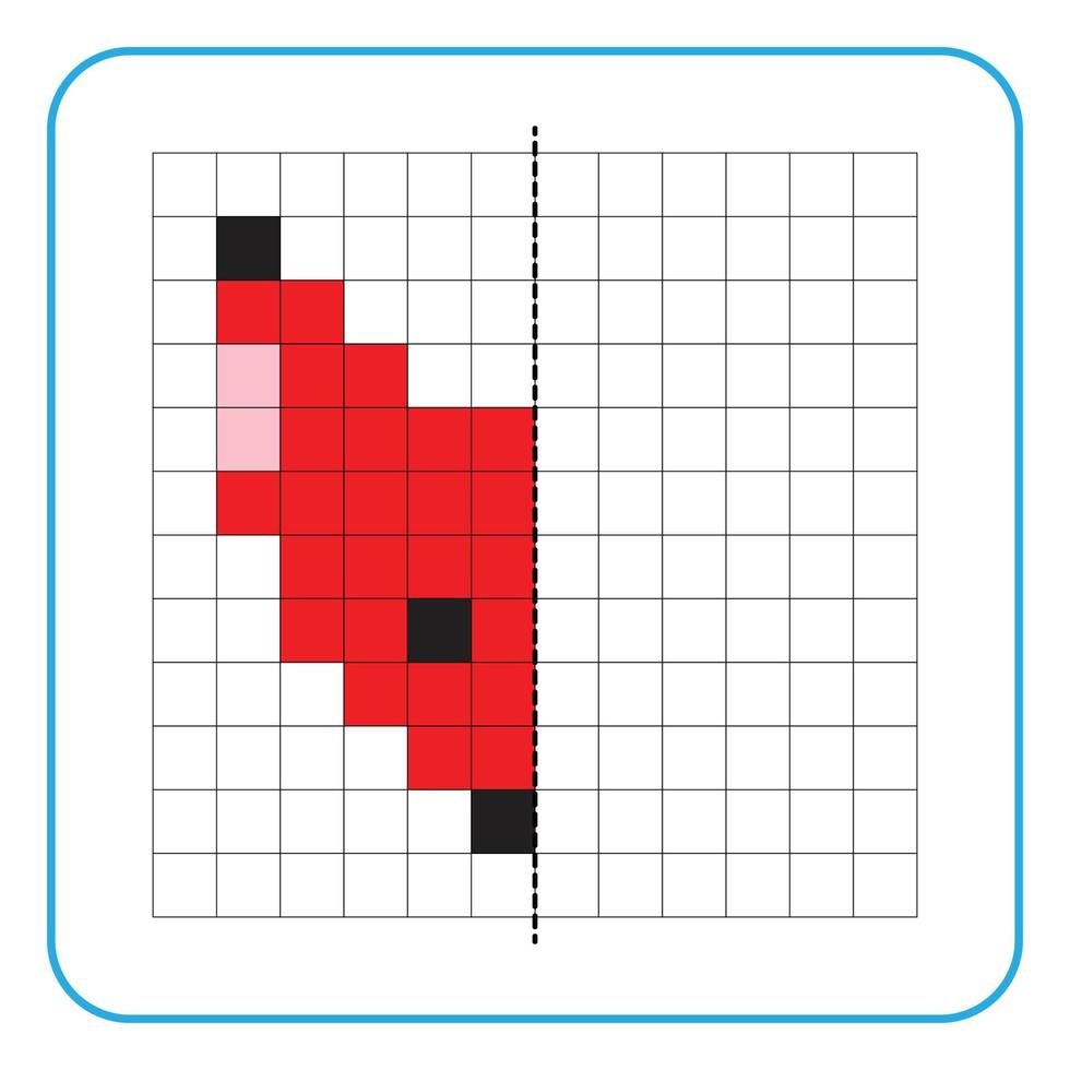 Picture reflection educational game for kids. Learn to complete symmetry worksheets for preschool activities. Coloring grid pages, visual perception and pixel art. Complete the red fox face image. vector