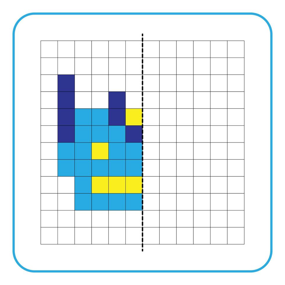 Juego educativo de reflexión de imagen para niños. aprender a completar hojas de trabajo de simetría para actividades preescolares. colorear páginas de cuadrícula, percepción visual y pixel art. Termina el dibujo de la cara del robot azul. vector