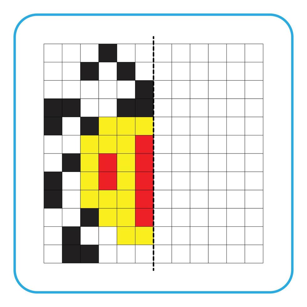 Picture reflection educational game for kids. Learn to complete symmetry worksheets for preschool activities. Coloring grid pages, visual perception and pixel art. Complete the yellow ladybug insect. vector