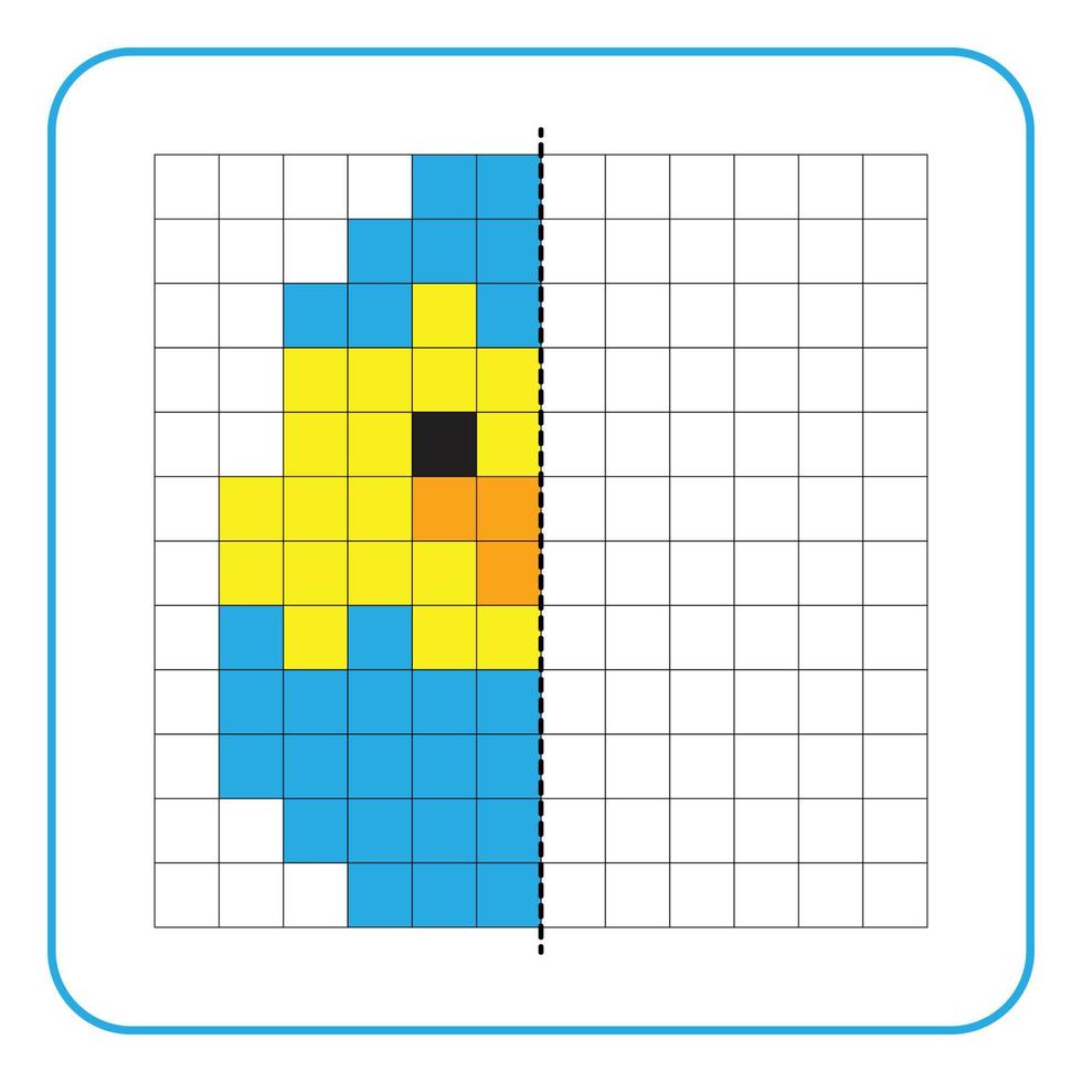 Juego educativo de reflexión de imagen para niños. aprender a completar hojas de trabajo de simetría para actividades preescolares. colorear páginas de cuadrícula, percepción visual y pixel art. completar la eclosión de los polluelos. vector