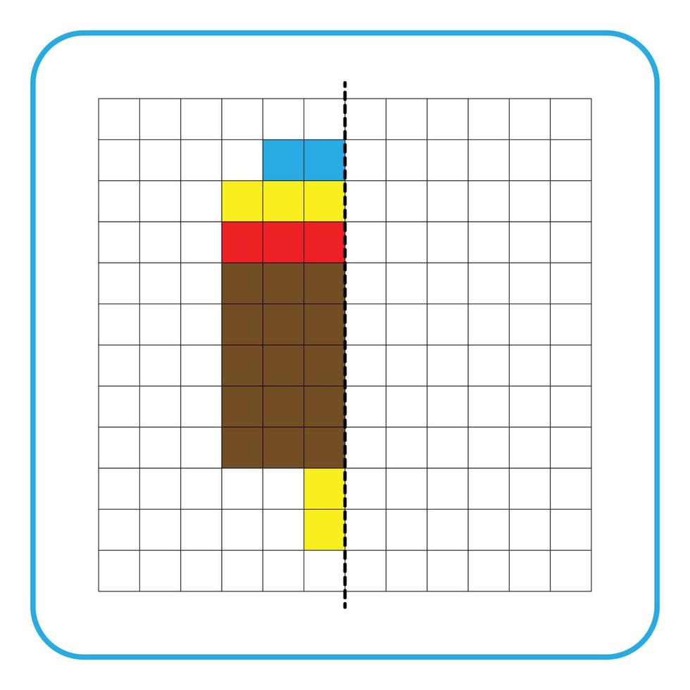 Picture reflection educational game for kids. Learn to complete symmetry worksheets for preschool activities. Coloring grid pages, visual perception and pixel art. Finish the chocolate ice cream. vector
