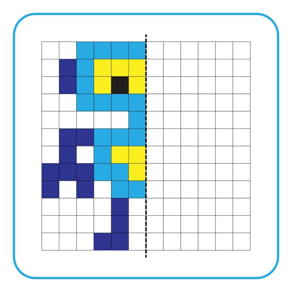 Picture reflection educational game for kids. Learn to complete symmetry worksheets for preschool activities. Coloring grid pages, visual perception and pixel art. Finish the blue robot image. vector