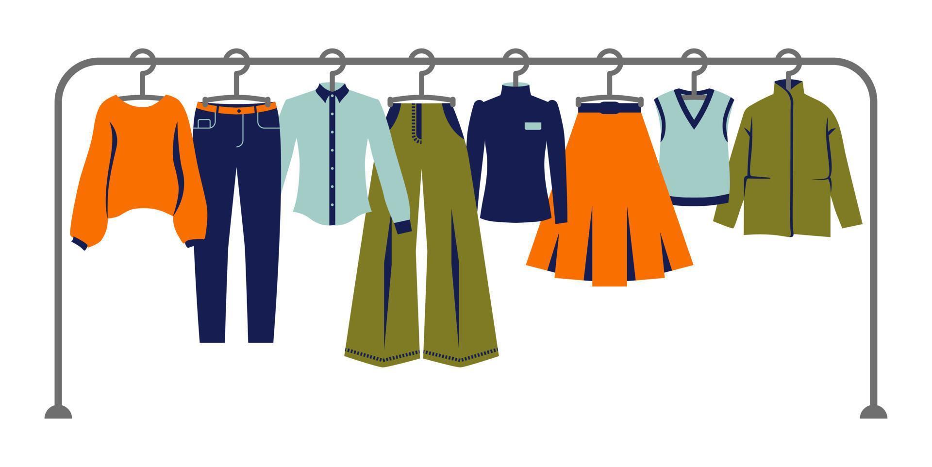 Ilustración de vector plano, conjunto de ropa de mujer en una percha.  tienda de ropa, guardarropa