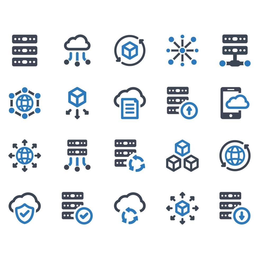 conjunto de iconos de big data - ilustración vectorial. big data, datos, cubo, nube, base de datos, almacenamiento, servidor, carga, descarga, copia de seguridad, global, masivo, red, compartir, compartir, iconos. vector