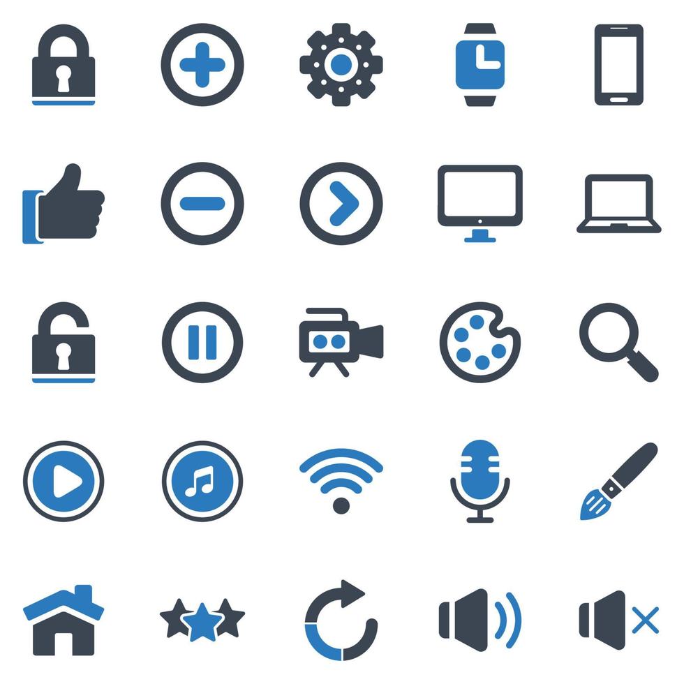 conjunto de iconos de productividad de mensajería social - ilustración vectorial. bloqueo, seguridad, protección, configuración, configuración, computadora portátil, monitor, me gusta, iconos. vector