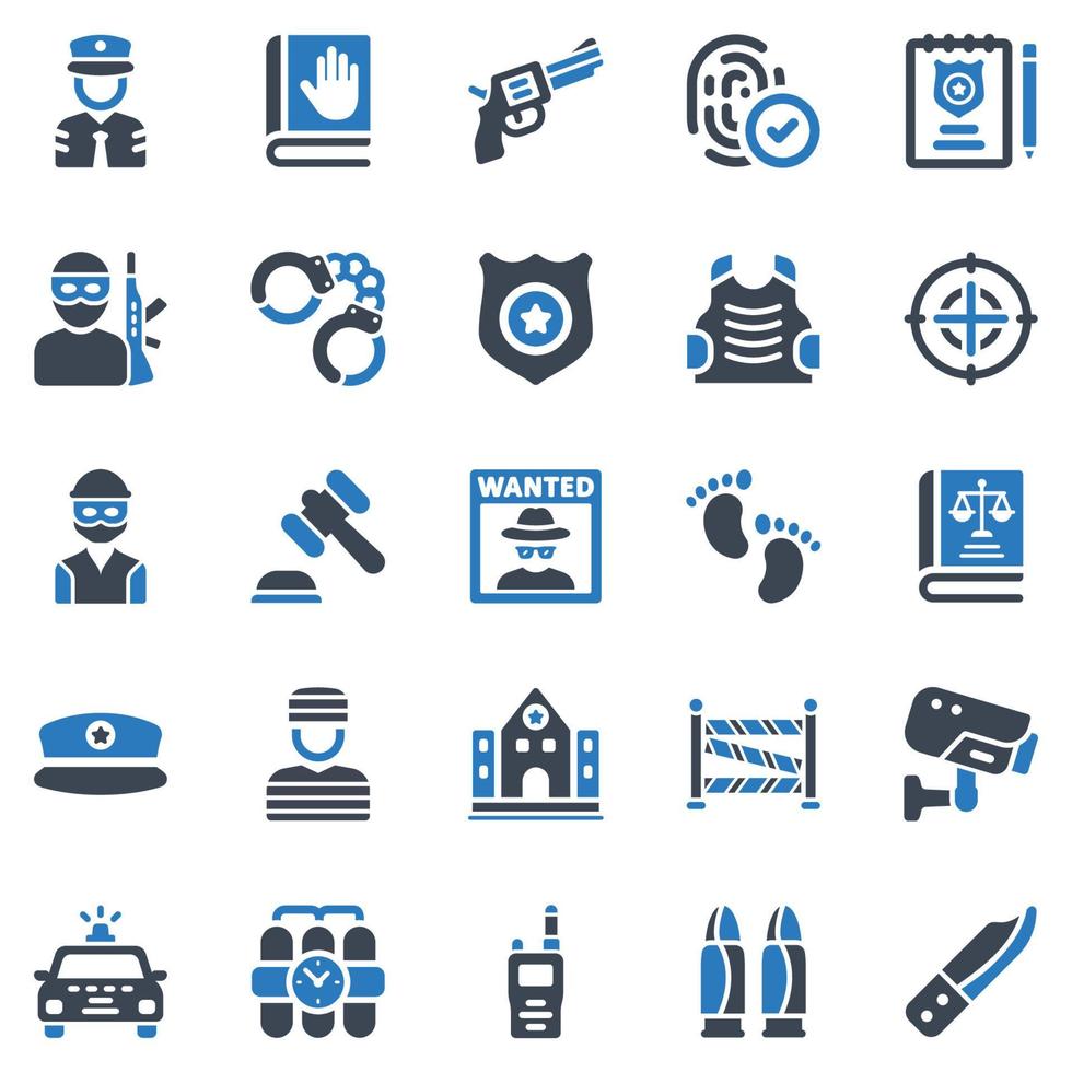 conjunto de iconos de investigación de delitos - ilustración vectorial. crimen, investigación, escena del crimen, policía, policía, oficial, policía, esposas, criminal, iconos. vector