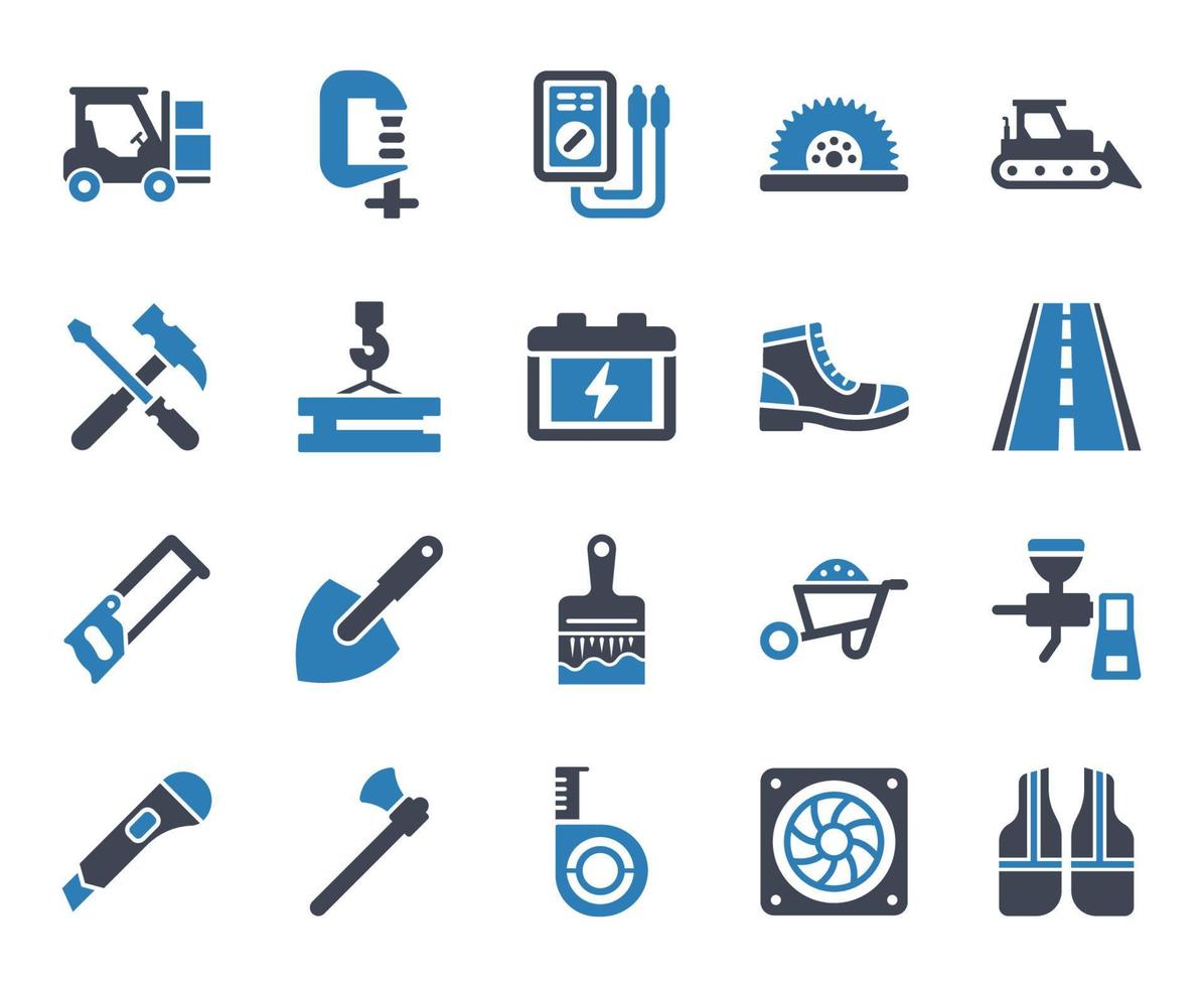 conjunto de iconos de herramientas de construcción - ilustración vectorial. construcción, herramientas, herramienta, equipo, trabajo, montacargas, logística, almacén, bulldozer, excavación, excavadora, iconos. vector
