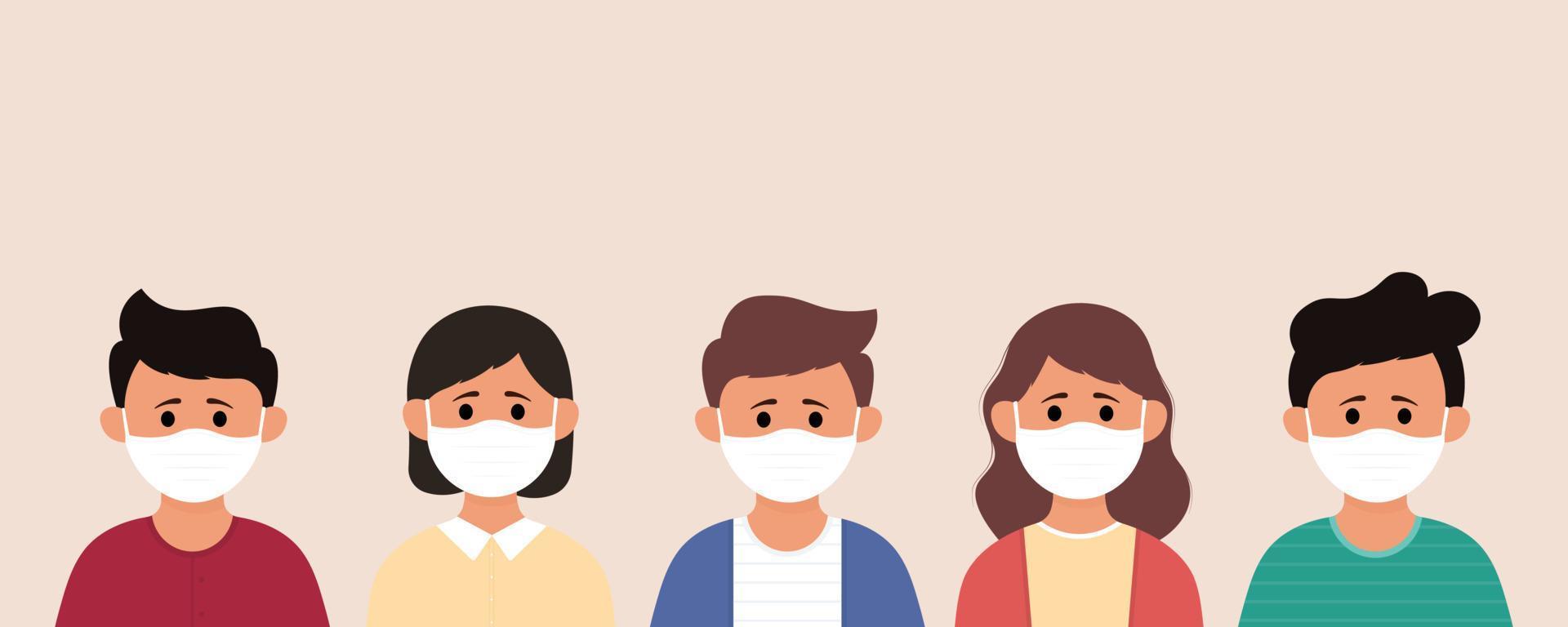 grupo de niños con mascarilla médica para prevenir enfermedades, gripe, contaminación del aire, aire contaminado, contaminación mundial vector