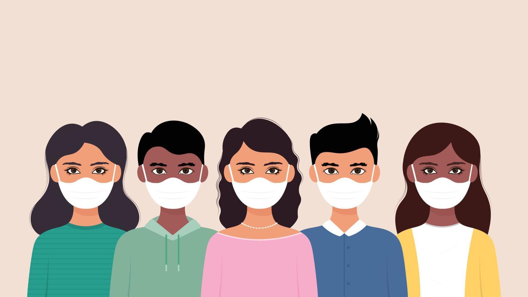 Group of people wearing medical mask to prevent from corona virus. vector