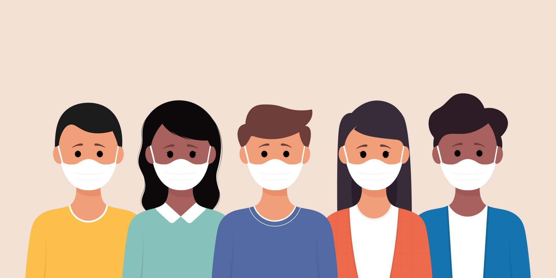 grupo de personas con mascarilla médica para prevenir el virus corona. vector