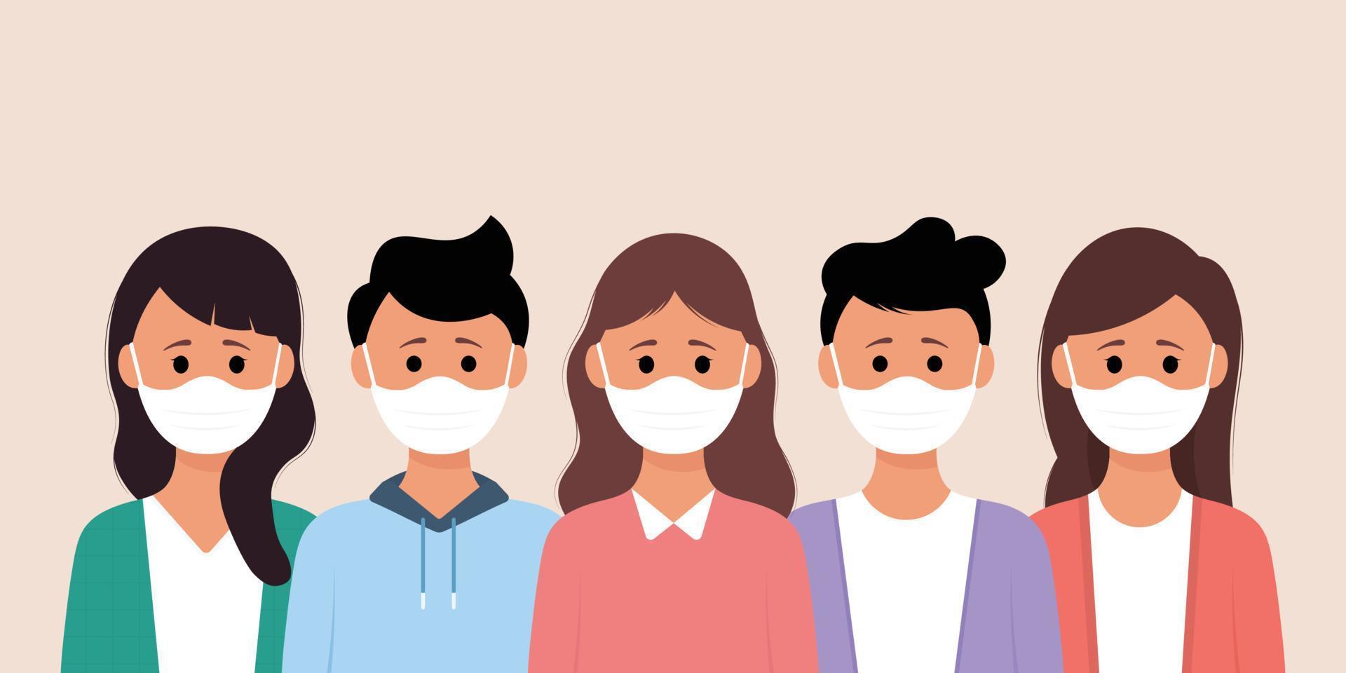 Group of people wearing medical mask to prevent from corona virus. vector