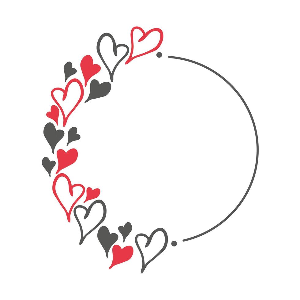 Hand drawn doodle circle frame with red and black hearts. Simple elements isolated on white background. Vector illustration