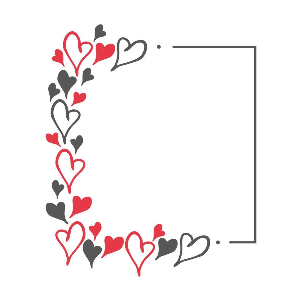 Hand drawn doodle square frame with red and black hearts. Simple elements isolated on white background. Vector illustration