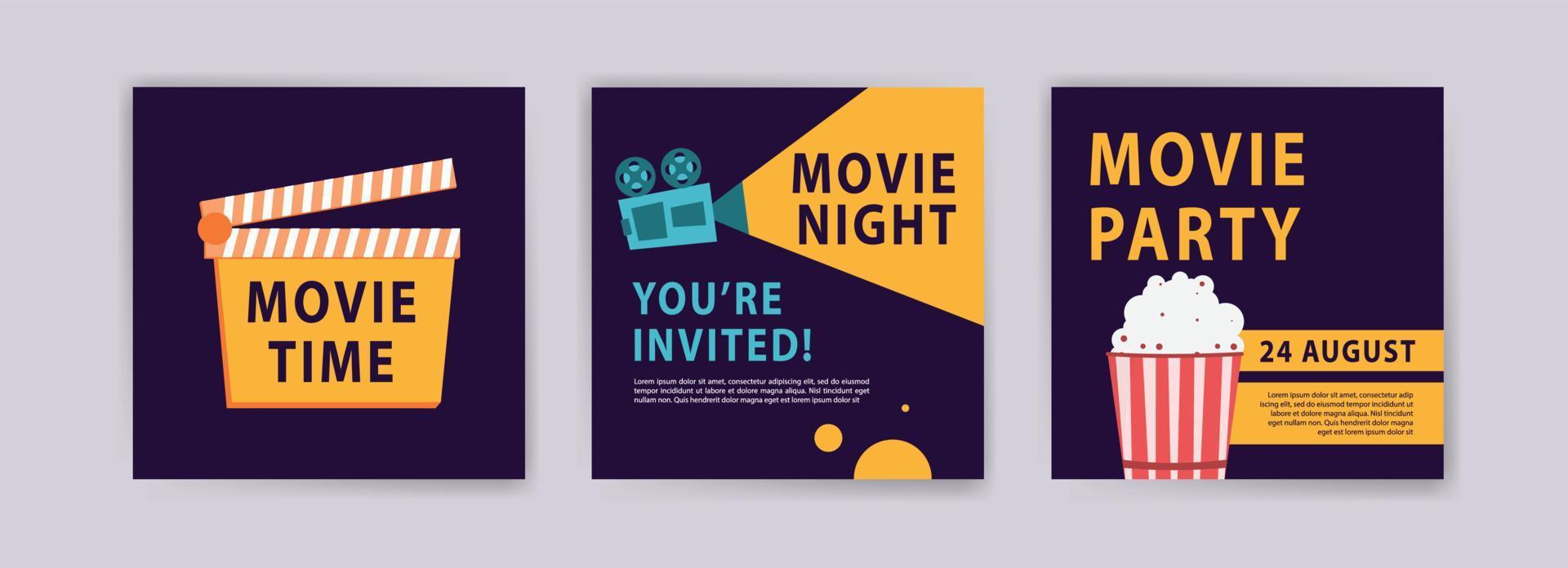 tiempo de película. noche de película. fiesta de cine. plantilla de cartel de cine. plantillas para pancartas, anuncios de publicaciones en redes sociales, tarjetas y carteles. vector