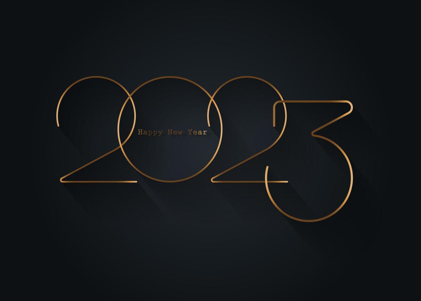 2023 New Year gold logo design. Holiday greeting card. Vector illustration. Holiday design for greeting card, invitation, calendar, party, golden holiday label isolated on black background