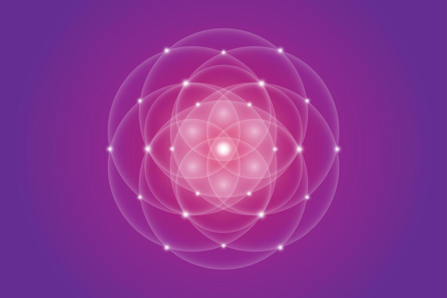 semilla de la vida, geometría sagrada, flor de la vida, símbolo del logotipo de luz de armonía y equilibrio, ornamento geométrico brillante, vector de loto blanco aislado sobre fondo púrpura