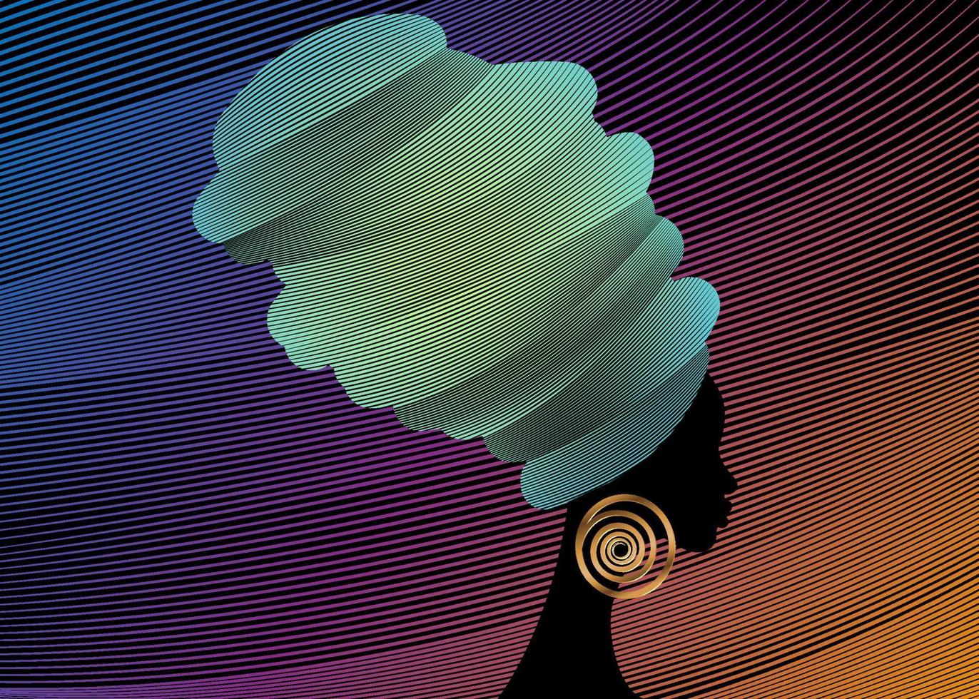 portrait beautiful African woman in traditional turban handmade tribal African Kente head wrap with ethnic gold earrings, black women Afro curly hair, vector silhouette isolated on colorful background