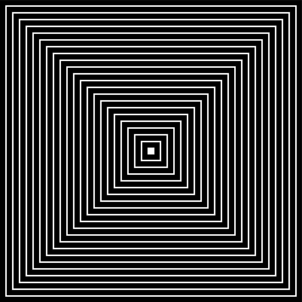 Cuadrados de op art en negro y blanco con líneas diagonales que hacen una ilusión óptica de pirámides o túneles. vector aislado sobre fondo blanco