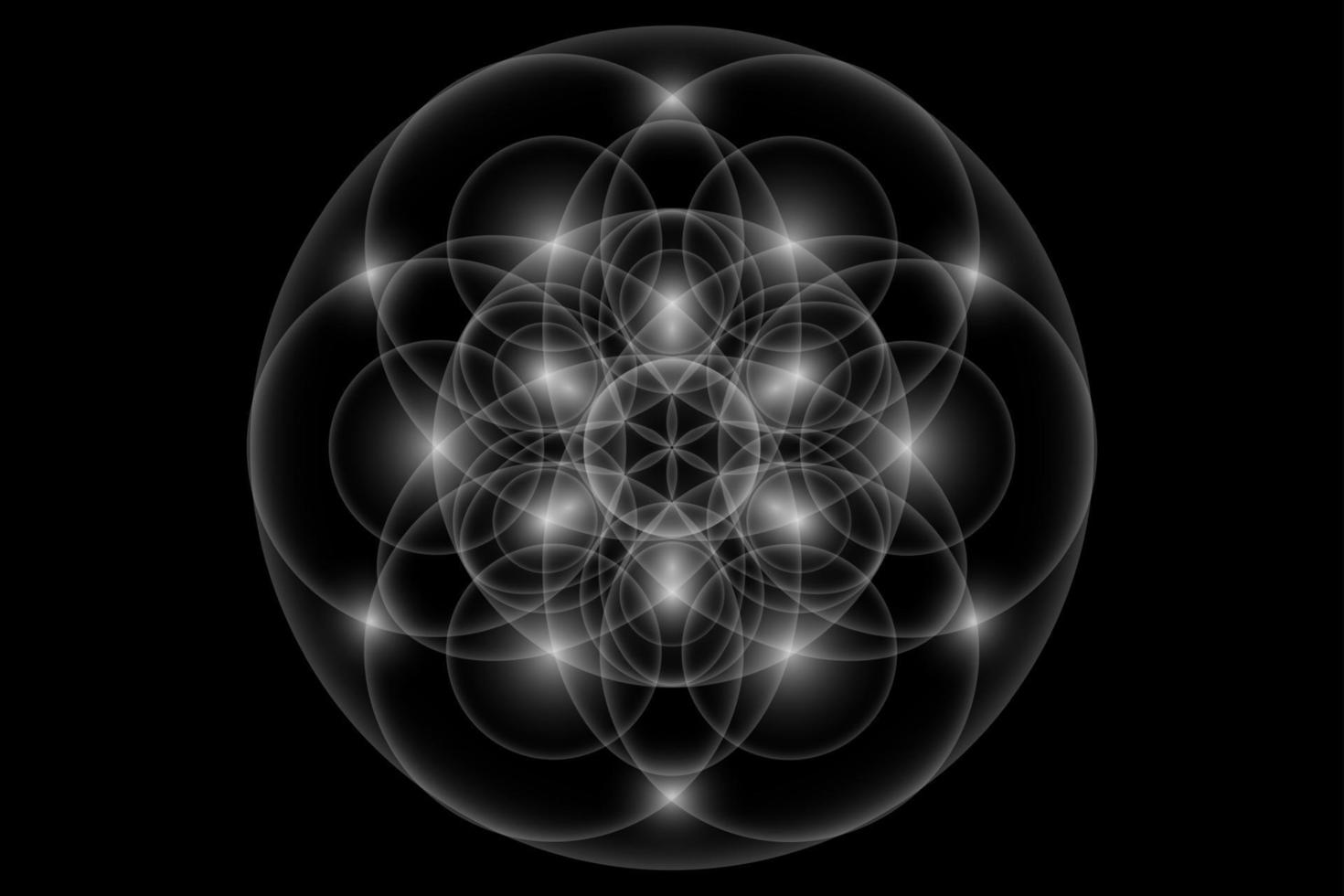semilla de la vida, geometría sagrada, flor de la vida, símbolo del logotipo de luz de armonía y equilibrio, ornamento geométrico brillante, vector de loto blanco aislado sobre fondo negro