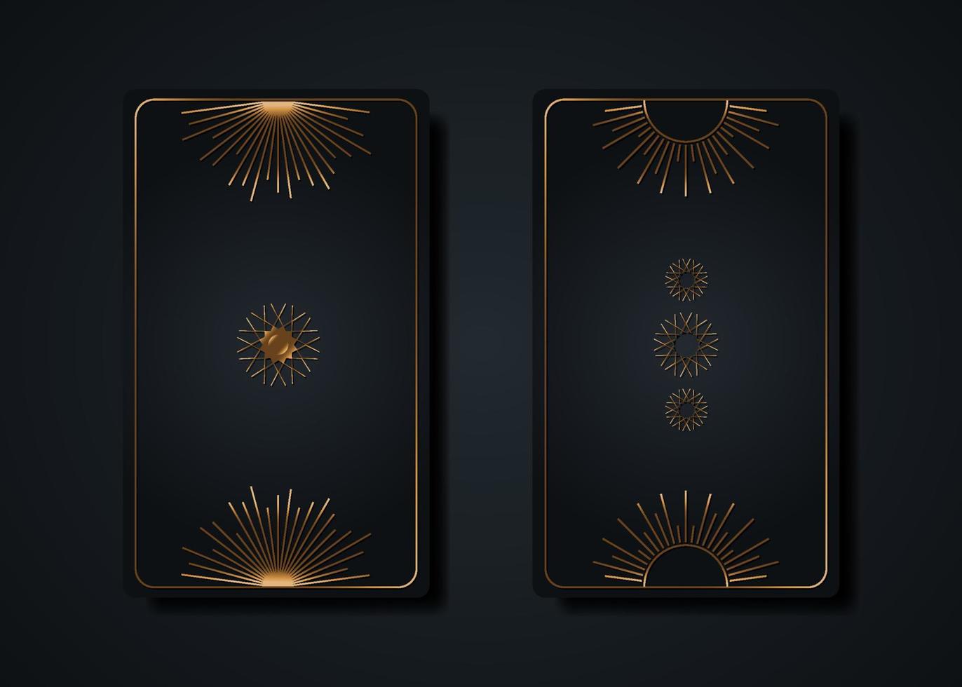 Set magical tarot cards, gold magic Sun boho style, sacred geometry sign, esoteric  spiritual symbols, Flower of Life. Luxury Seed of life flowers. Vector collection golden and black background