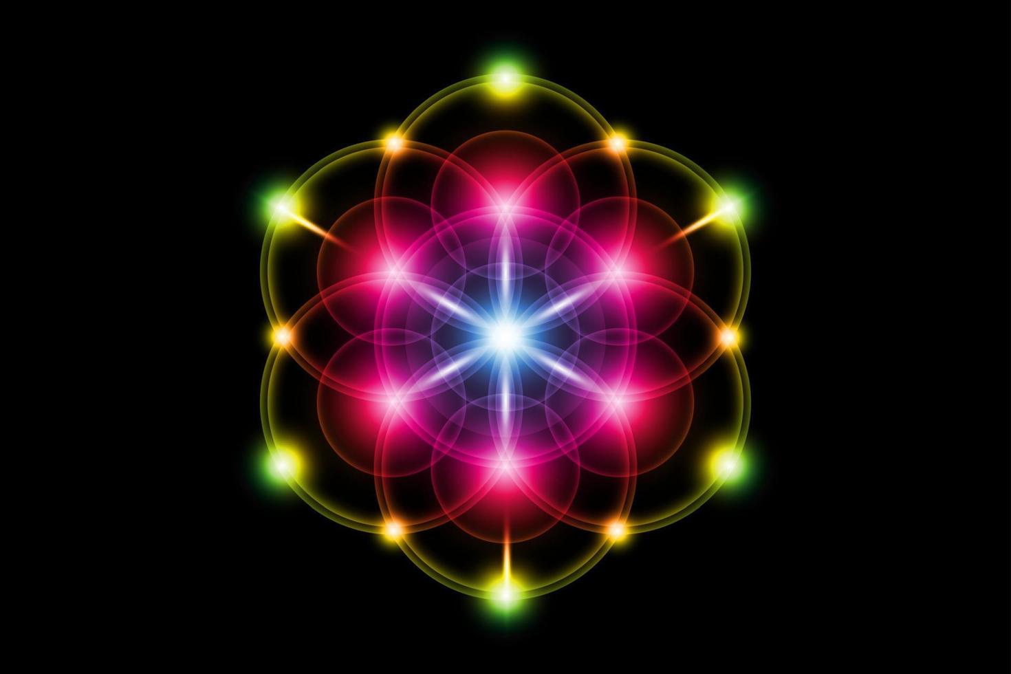 Seed of life, Sacred Geometry, Flower of Life, Metatrons Cube colorful gradient light logo Symbol of Harmony and Balance, Glowing Geometrical Ornament, vector isolated on black background
