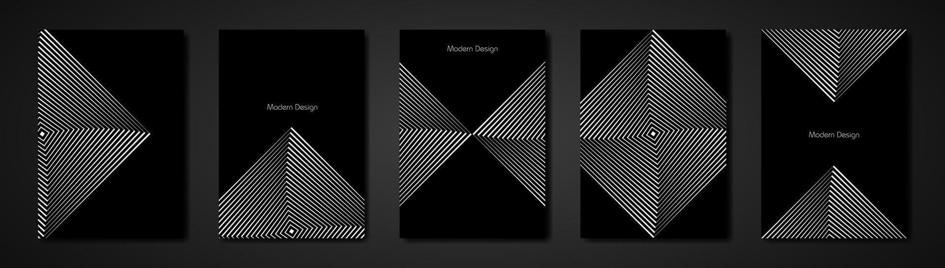 Minimal covers set. Future geometric design. Op Art squares in black an white with diagonal lines making an optical illusion of pyramids or tunnel, copy space on black background vector