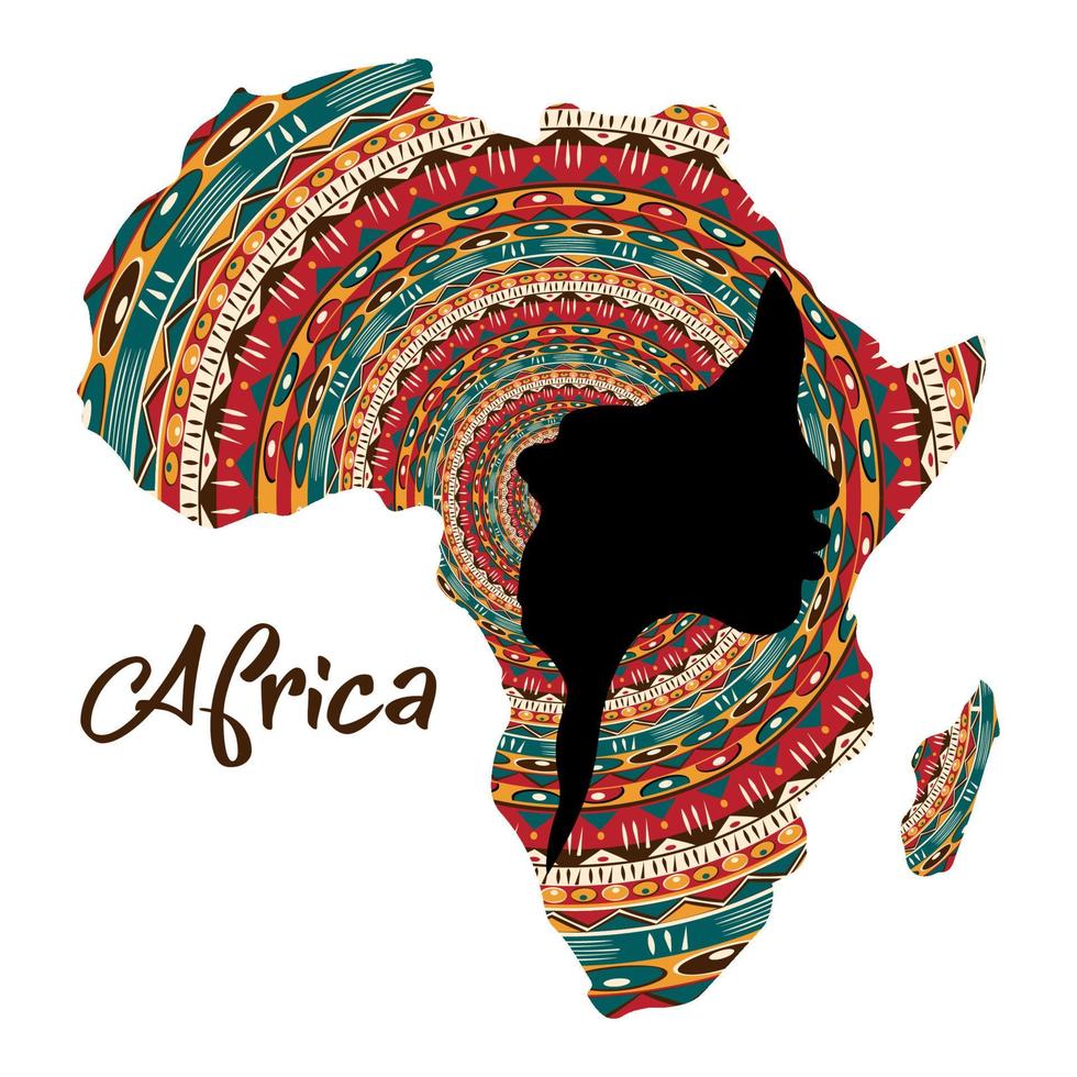 Concept of African woman, face profile silhouette with turban in the shape of a map of Africa. Colorful Afro print tribal logo design template. Vector illustration isolated on white background