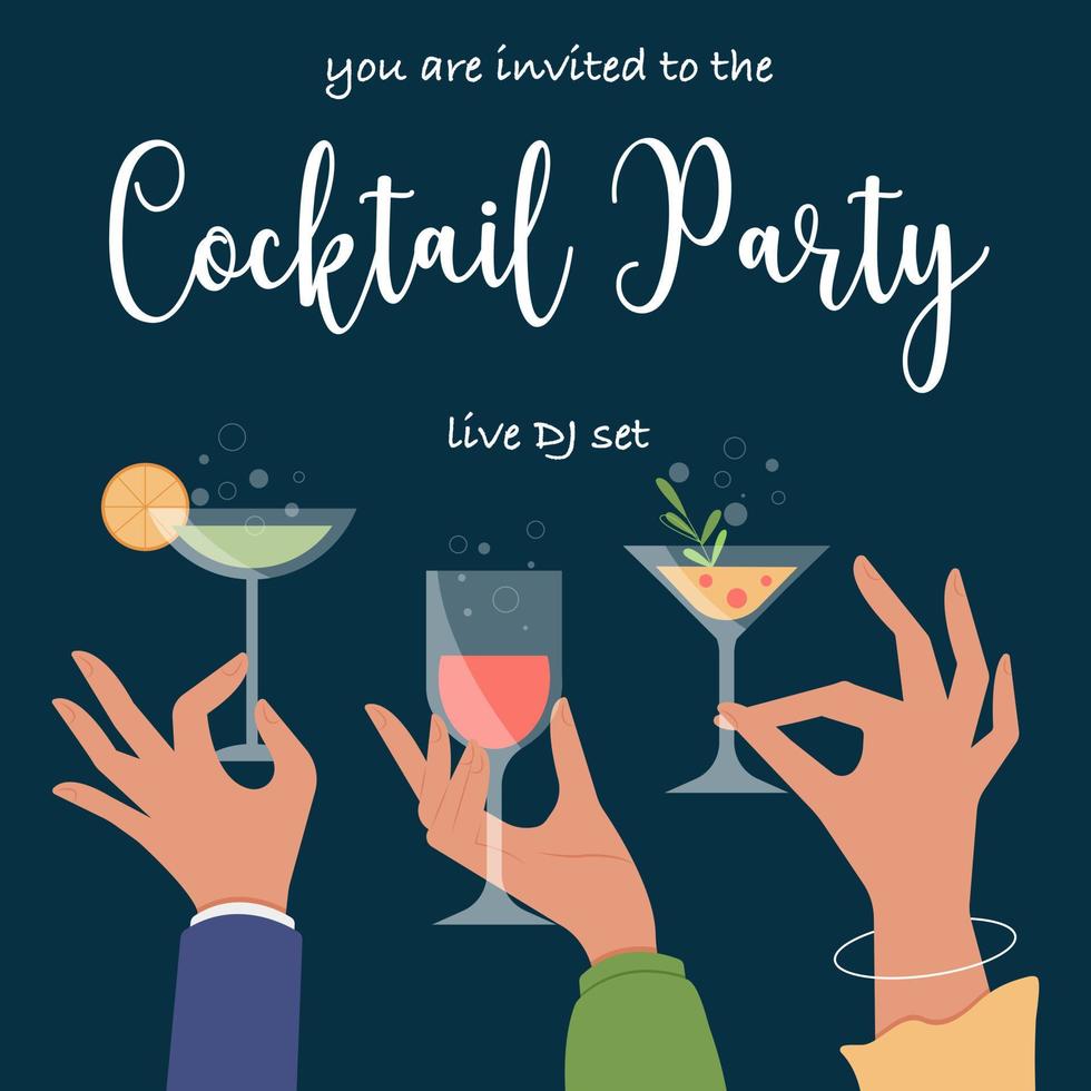 Cocktail party invitation card template. Editable disco poster with dark blue background and hands holding glasses with cocktails. Vector illustration.