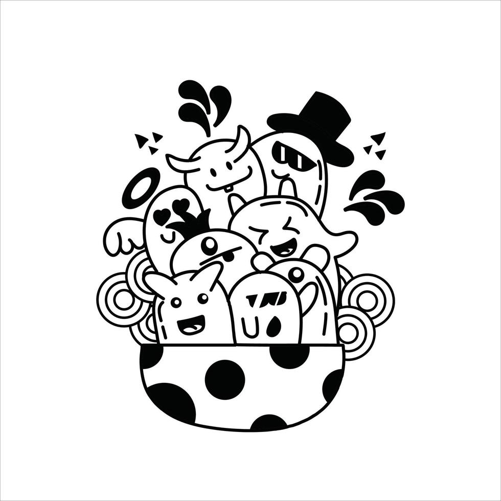 cute black and white doodle art illustration vector