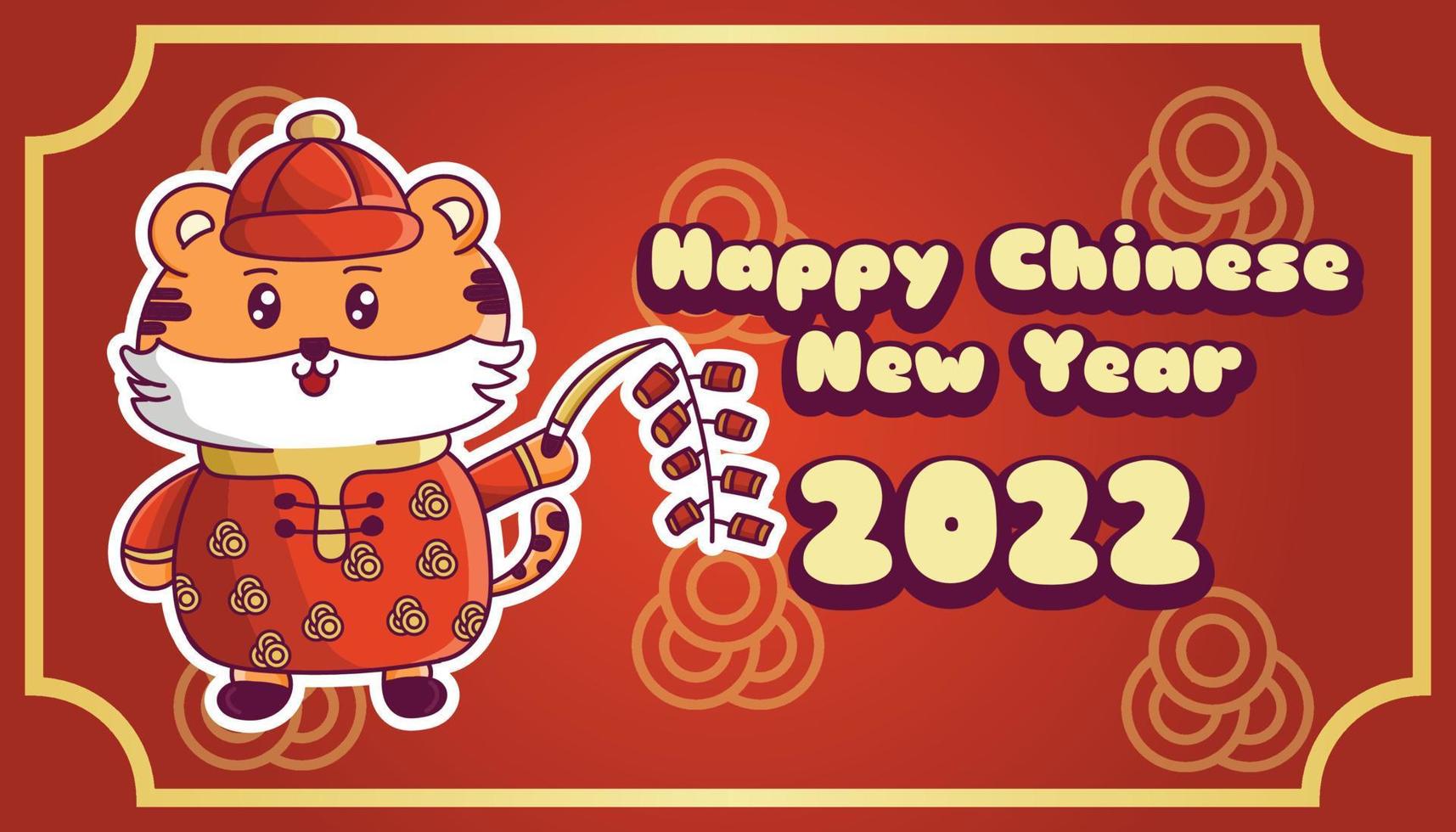 banner de año nuevo chino con personaje de tigre sosteniendo petardos vector