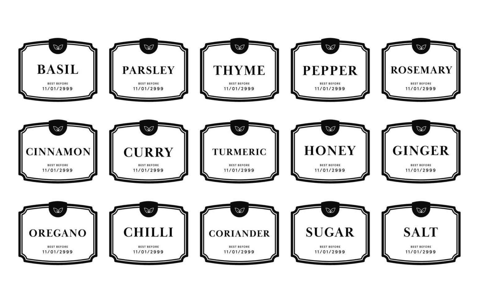 Kitchen seasoning pantry label sticker design set in simple classic frame design style vector
