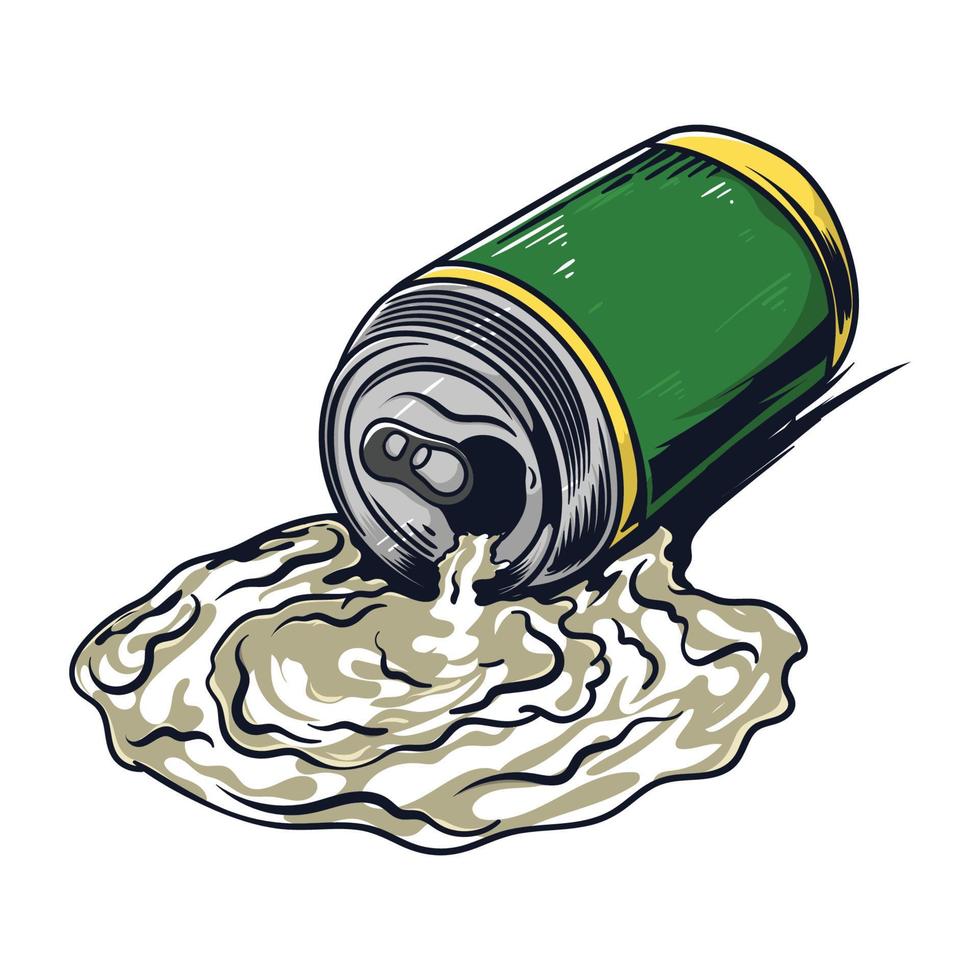 ilustración de derrame de lata de cerveza vector