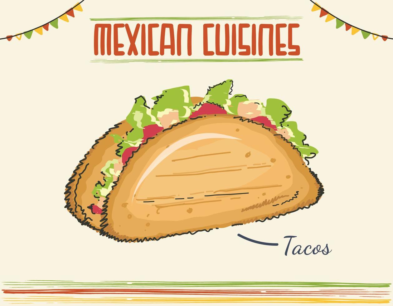 Tacos with meat and vegetable. Traditional Mexican fast food. Vector illustration. Vector illustration cartoon flat icon isolated on white. Minimal colored isolated vector illustration.