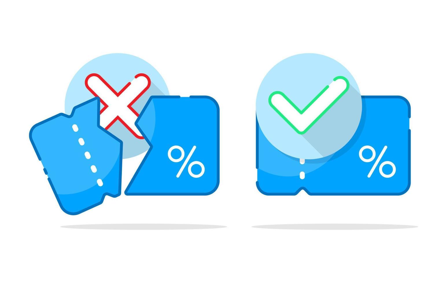 cupón, vale de éxito y fracaso para canjear, intercambiar, reclamar concepto ilustración diseño plano vector eps10. elemento gráfico moderno para la página de destino, ui de estado vacío, infografía, icono