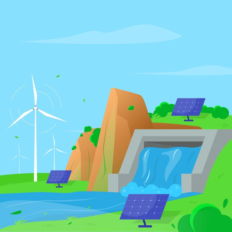 renewable energy area landscape concept illustration flat design vector eps10. modern graphic element for background, social media, infographic, icon, etc