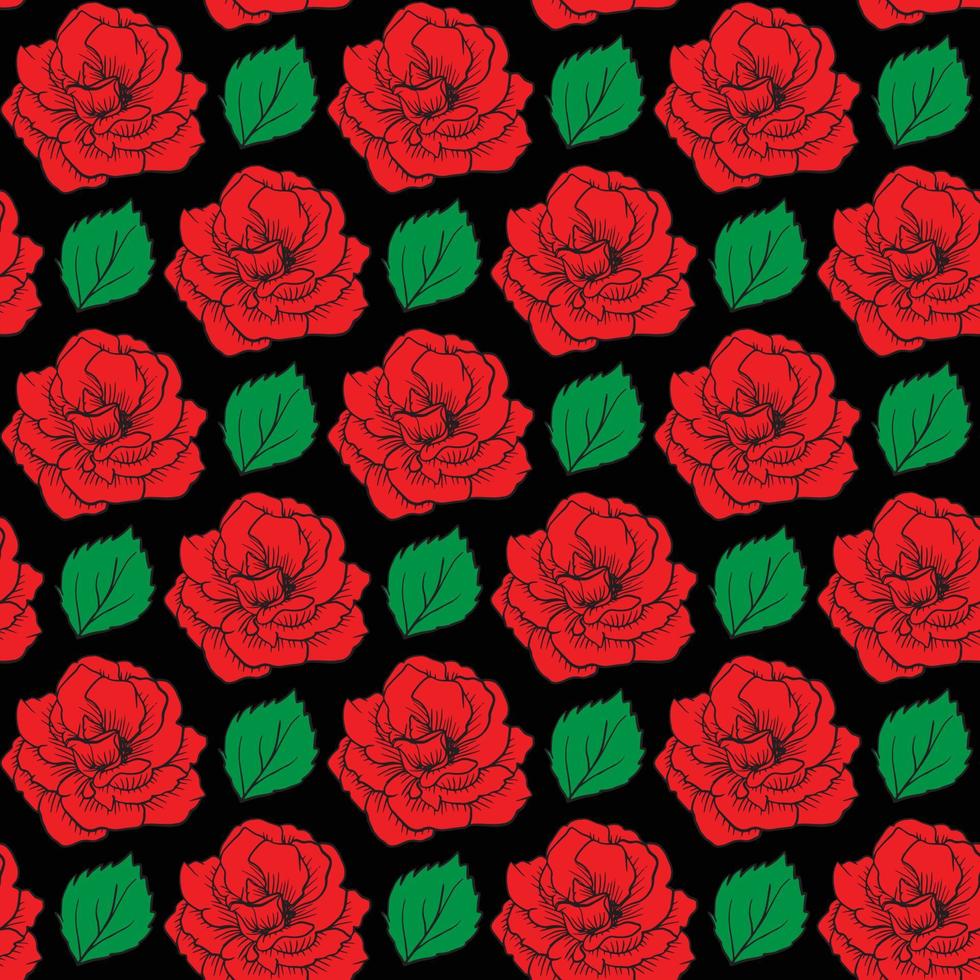 Red Rose and leaf Seamless Pattern Design with black background vector