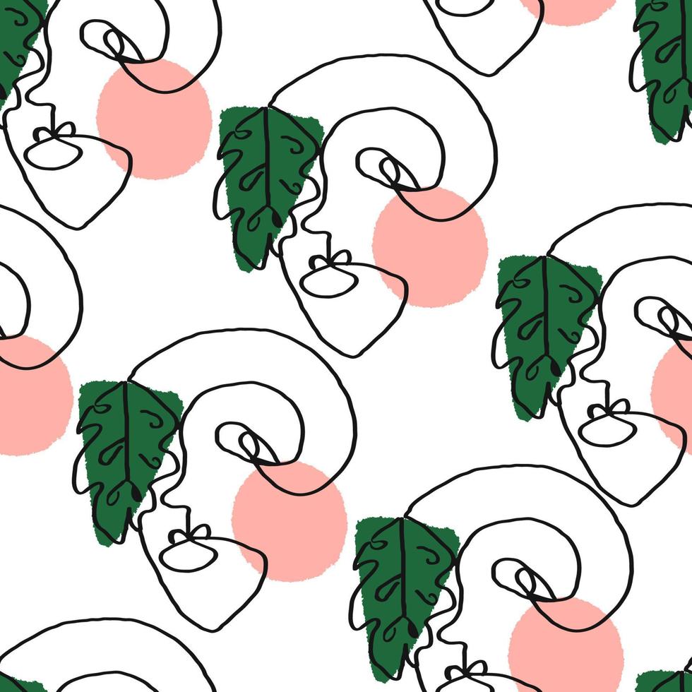 Vector seamless background with abstract shapes and illustration of face one line. Scandinavian Style. For wallpaper, posters, textile print, wrapping paper, greeting card template, social media post