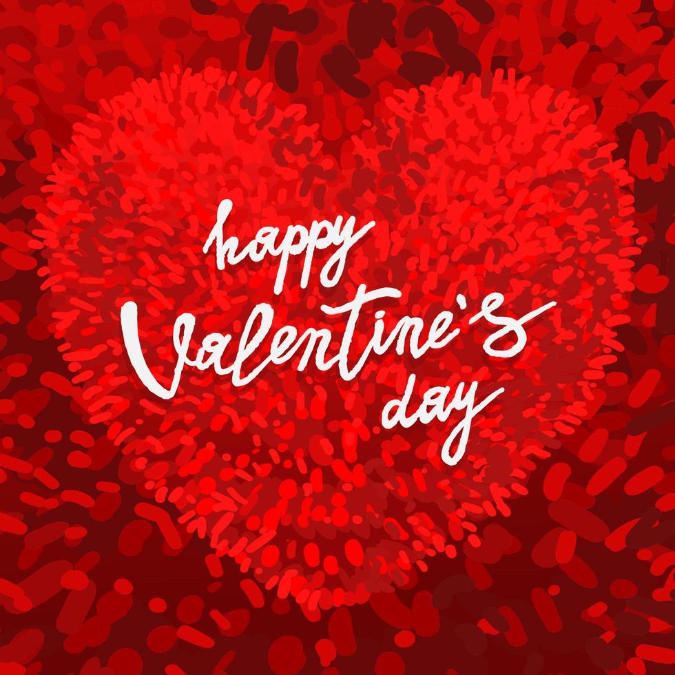 Happy Valentines Day greeting card with red fluffy heart, soft toy. Vector illustration. Can be used as poster, flyers, invitation, brochure, banners, sale