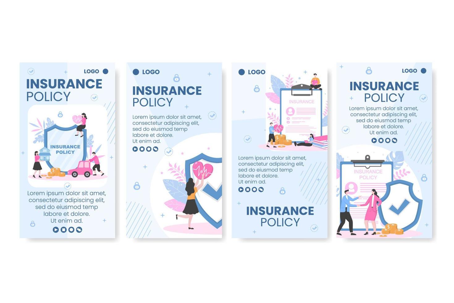 Ilustración de diseño plano de plantilla de historias de póliza de seguro editable de fondo cuadrado para redes sociales, tarjetas de felicitación o web vector