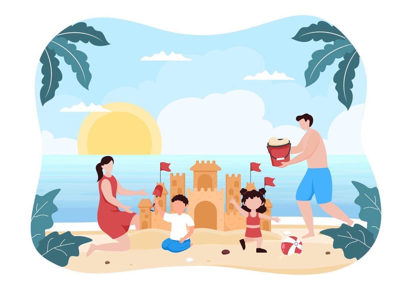 Family Time of Joyful Parents and Children Spending Time Together at Beach Doing Various Relaxing Activities in Cartoon Flat Illustration for Poster or Background vector