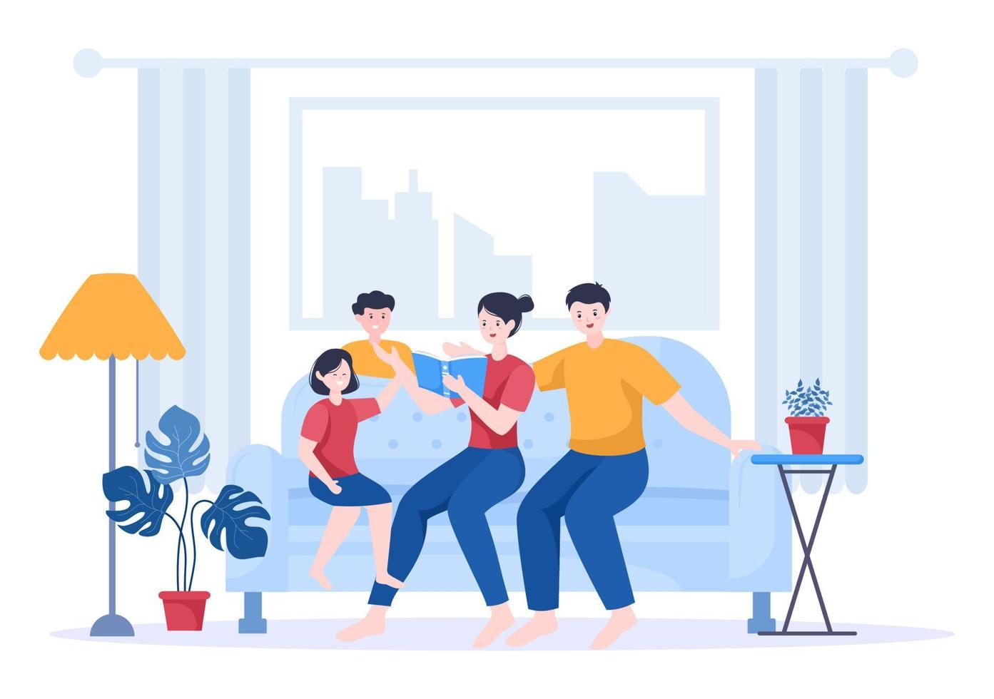 Family Time of Joyful Parents and Children Spending Time Together at Home Doing Various Relaxing Activities in Cartoon Flat Illustration for Poster or Background vector