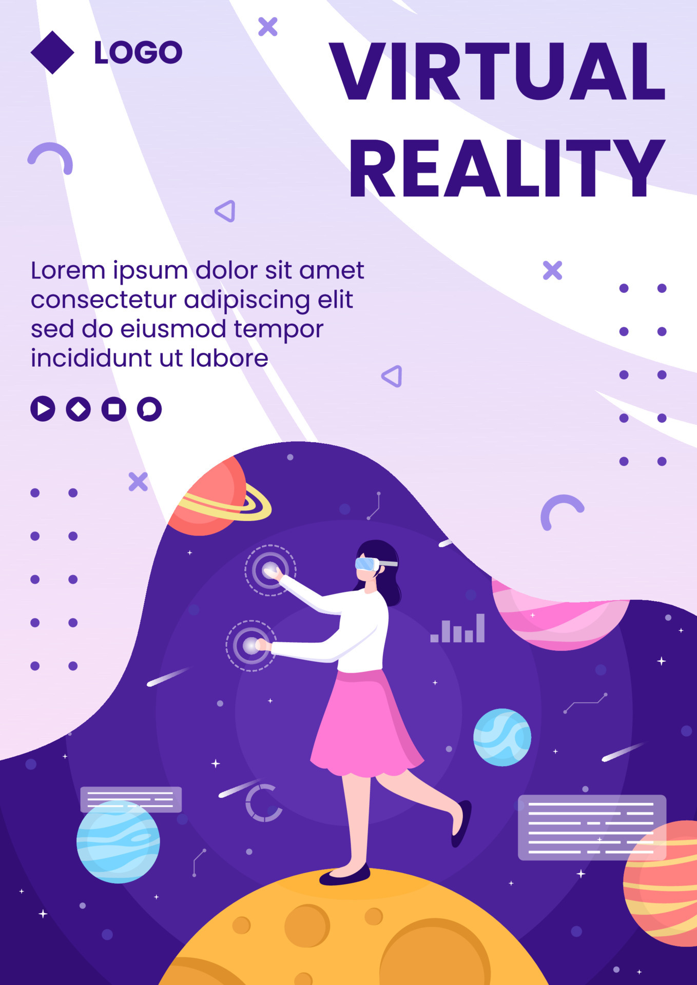 VR Glasses With Virtual Reality Game Flyer Template Flat Design