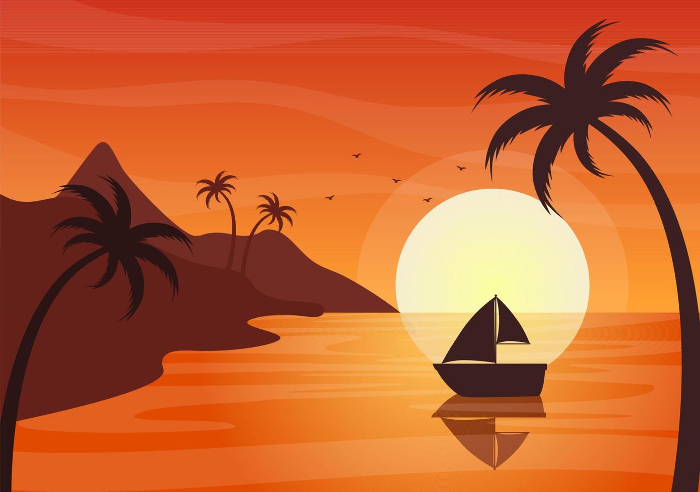 Mar atardecer paisaje de sol sobre el océano con nubes, superficie del agua, palmera y playa en ilustración de fondo plano para póster, pancarta o fondo vector