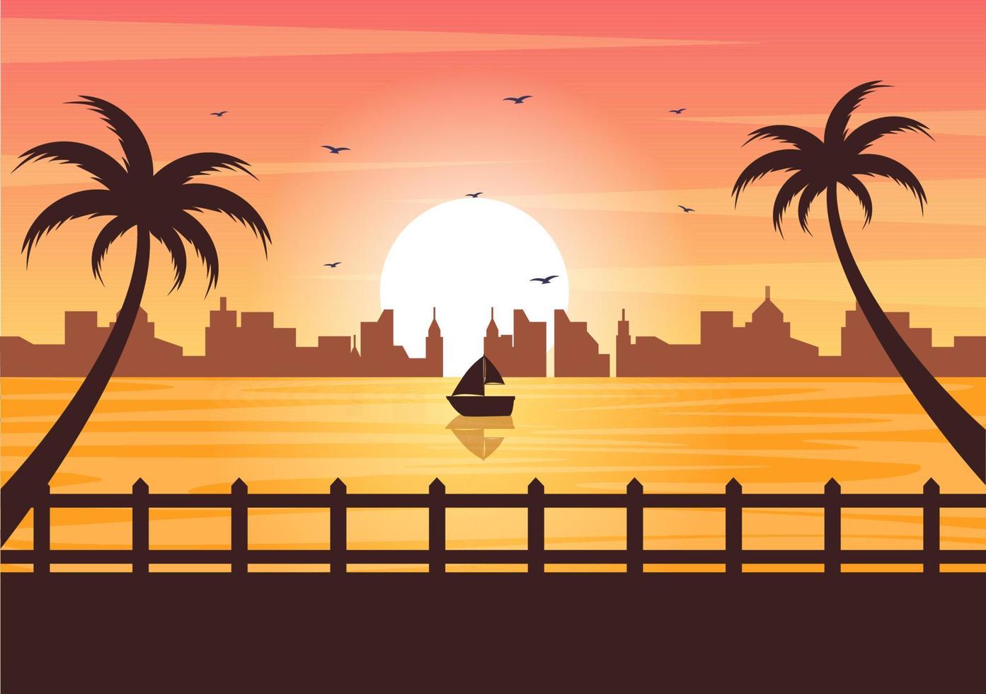 Mar atardecer paisaje de sol sobre el océano con nubes, superficie del agua, palmera y playa en ilustración de fondo plano para póster, pancarta o fondo vector