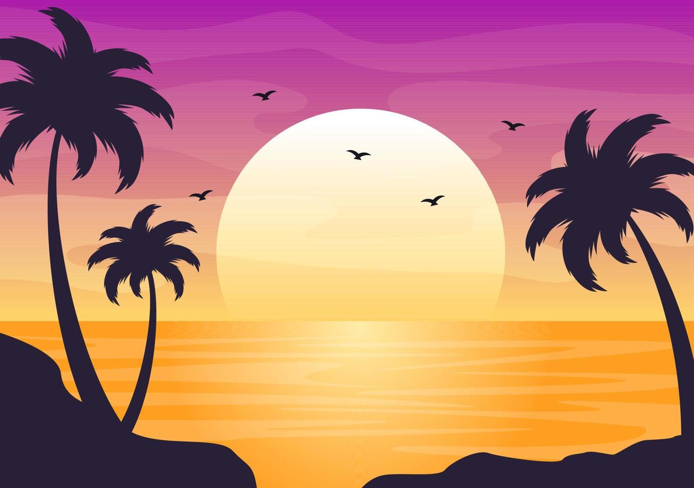 Mar atardecer paisaje de sol sobre el océano con nubes, superficie del agua, palmera y playa en ilustración de fondo plano para póster, pancarta o fondo vector