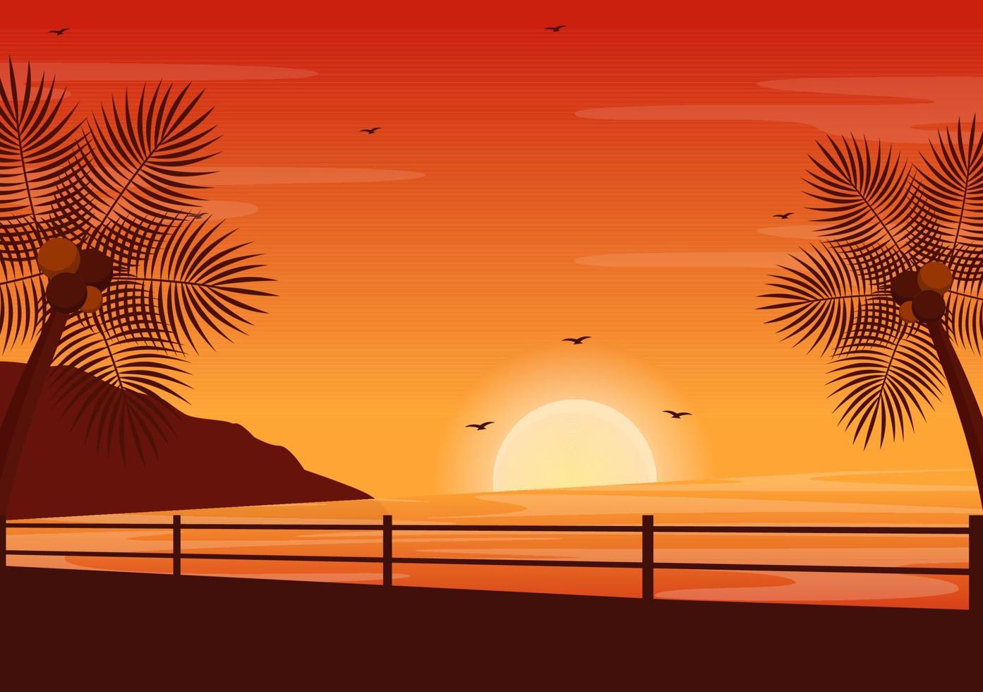 Sea Sunset Landscape of Sun Above Ocean with Clouds, Water Surface, Palm Tree and Beach in Flat Background Illustration for Poster, Banner or Background vector