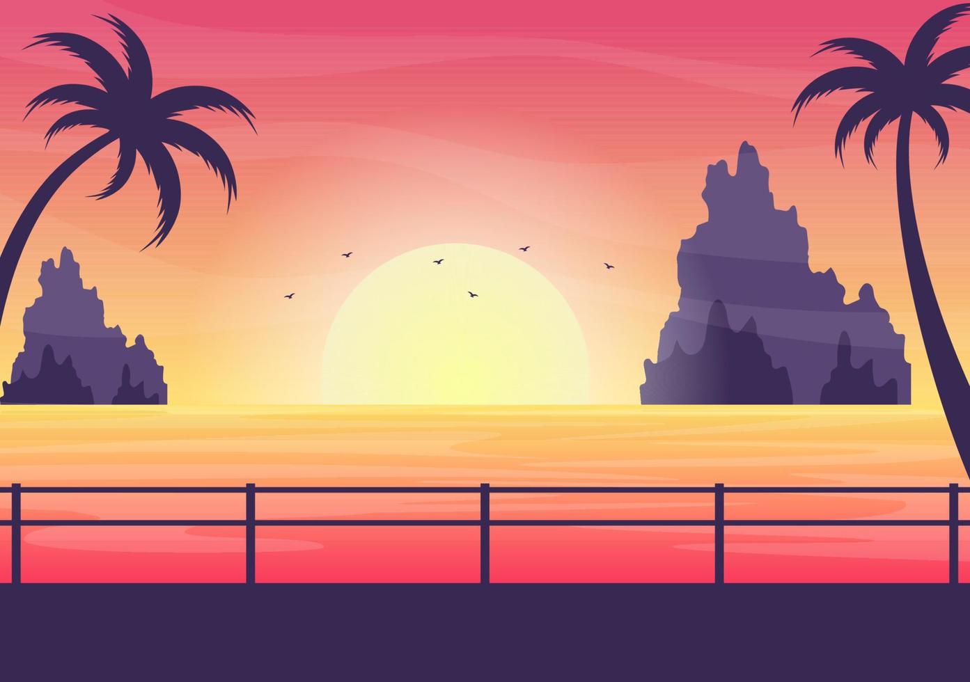 Mar atardecer paisaje de sol sobre el océano con nubes, superficie del agua, palmera y playa en ilustración de fondo plano para póster, pancarta o fondo vector