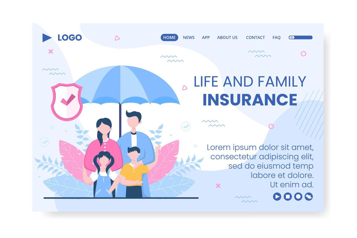 Family Life Insurance Landing Page Template Flat Design Editable Illustration Square Background to Social Media or Greeting Card vector